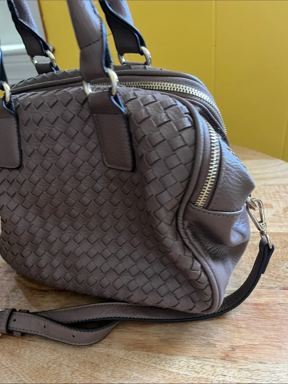 Woven Leather Satchel in Taupe